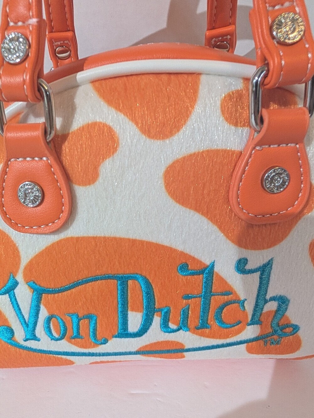 NWT Von Dutch Orange Cowprint Bowling Bag Satchel/ Crsbdy with Turquoise Logo - Picture 2 of 9